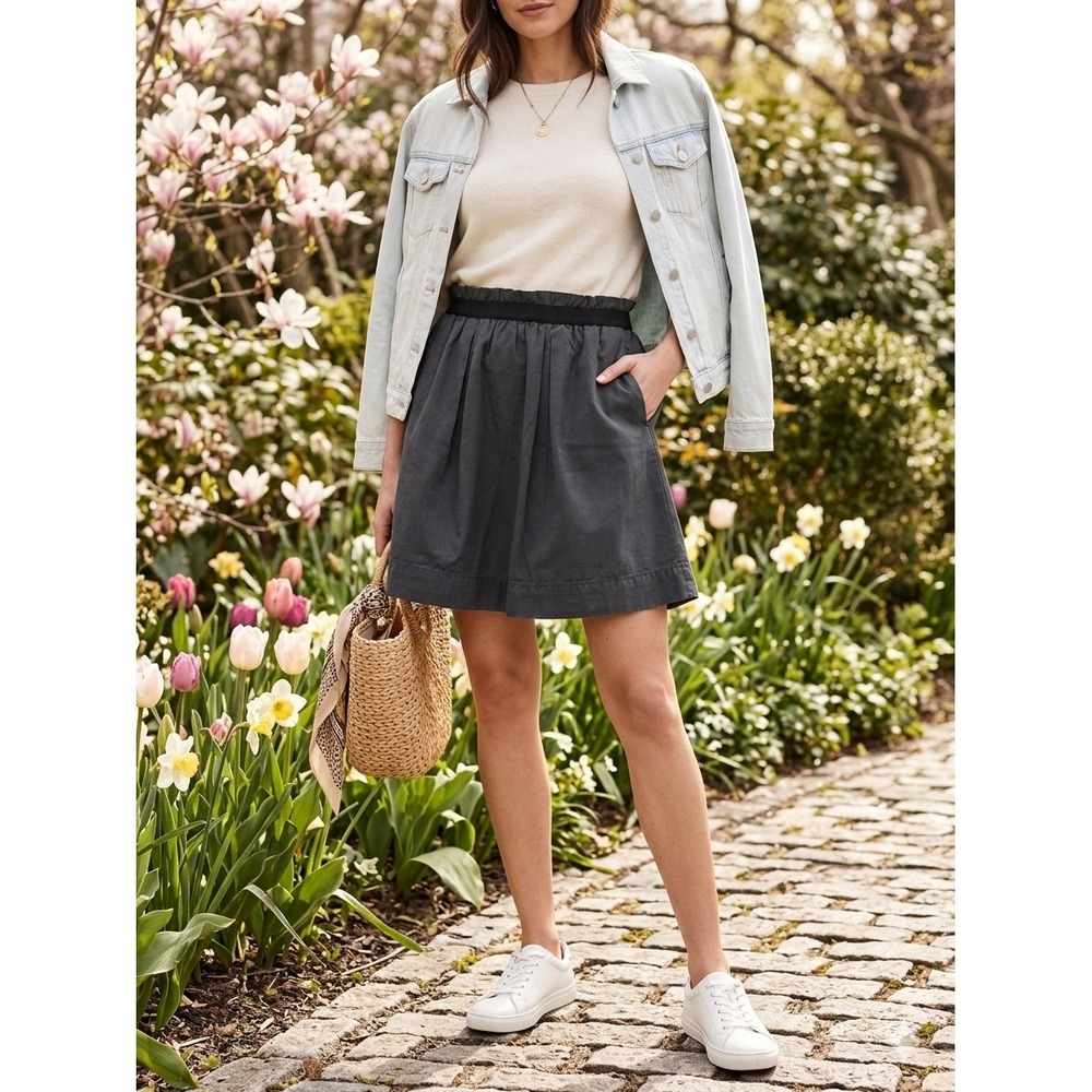 J.Crew Paperbag Waist Charcoal Gray Pleated Skirt Black Ribbon Accent 2